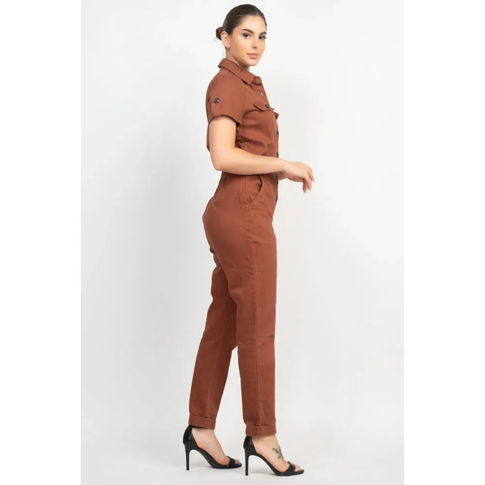 Collared Button-front Jumpsuit - Picture 2 of 4